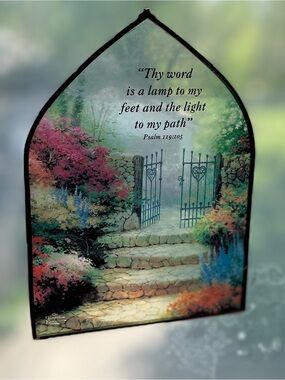Arched Thomas Kinkade "Garden of Promise" Translucent Glass Panel Suncatcher
